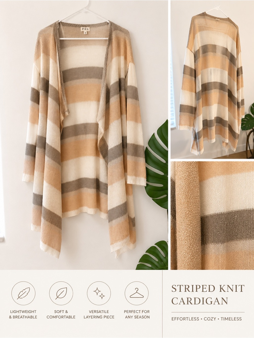 NWOT POL Striped Open-Front Cardigan in Cream, Tan & Gray